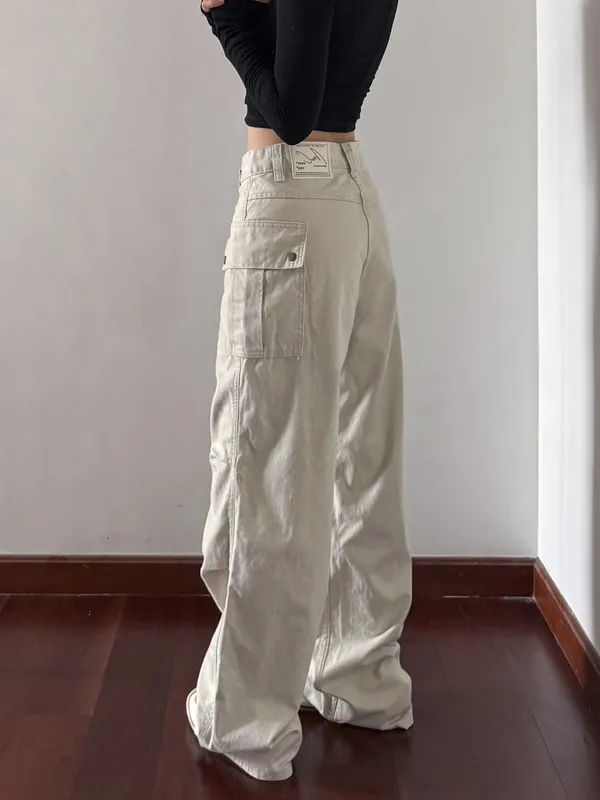 Retro American High Street Work Pants Light Beige Straight Leg Faded Casual Jeans Men Women High Waist Denim Fabric Wear Resi...