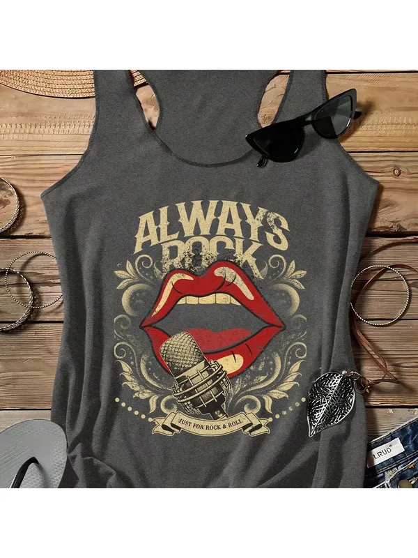Ladies' Vintage Rock Style Sleeveless Top Lip Microphone Print I-Back Vest Summer Casual Fashion for Women — image 7