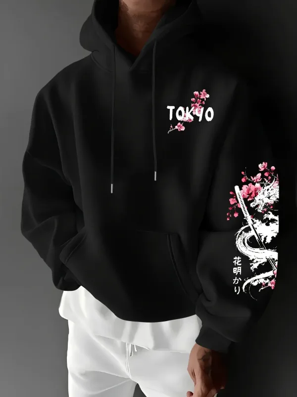 Naka-hood na pullover na naka-hood na pullover para sa init ng taglamig na maluwag at kaswal na istilo ng naka-istilong anime na dragon-patterned cherry blossom print