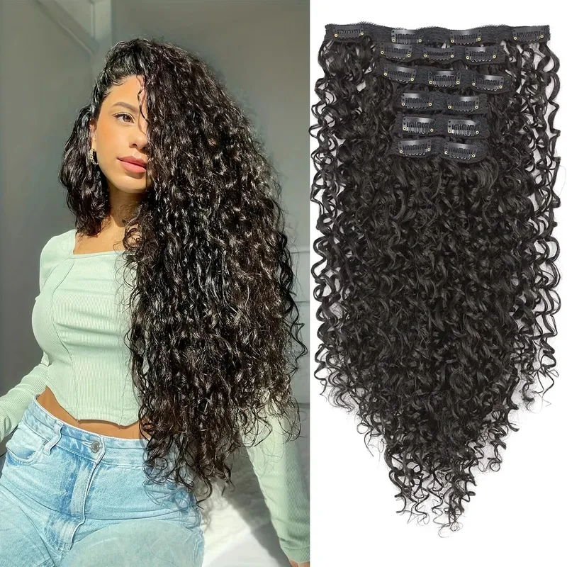 Synthetic 20inch Kinky Curly Clip In Hair Extensions Double Weft Full Head Japanese Heat Resistance Fiber Synthetic Curly Hair — image 8