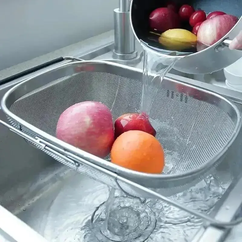 Retractable Drain Basket Rubber Grip Handles Oval Colander Sink Vegetables Draining Rack Home Storage Basket Stainless Steel — image 1