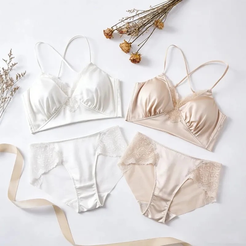 19MM Natural Mulberry Silk Satin Thin Bra Adjustable Cross Straps Beautiful Back Without Steel Ring Female Sexy Underwear Set