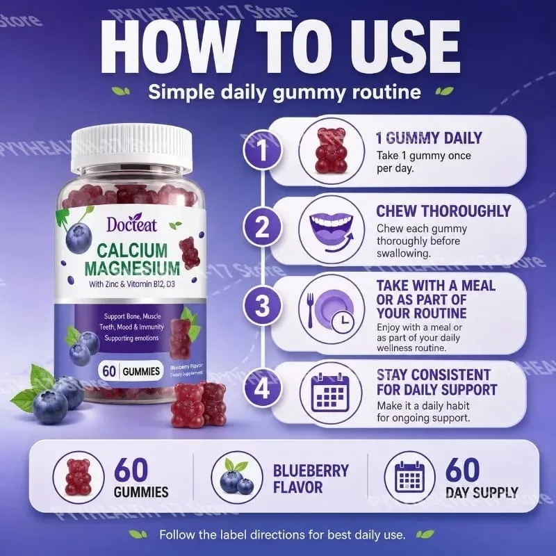 แคลเซียมแมกนีเซียม Gummies พร้อมสังกะสีและวิตามิน D3 B12 และ B6 สำหรับฟันกระดูก Mood & ภูมิคุ้มกัน 60 Gummies