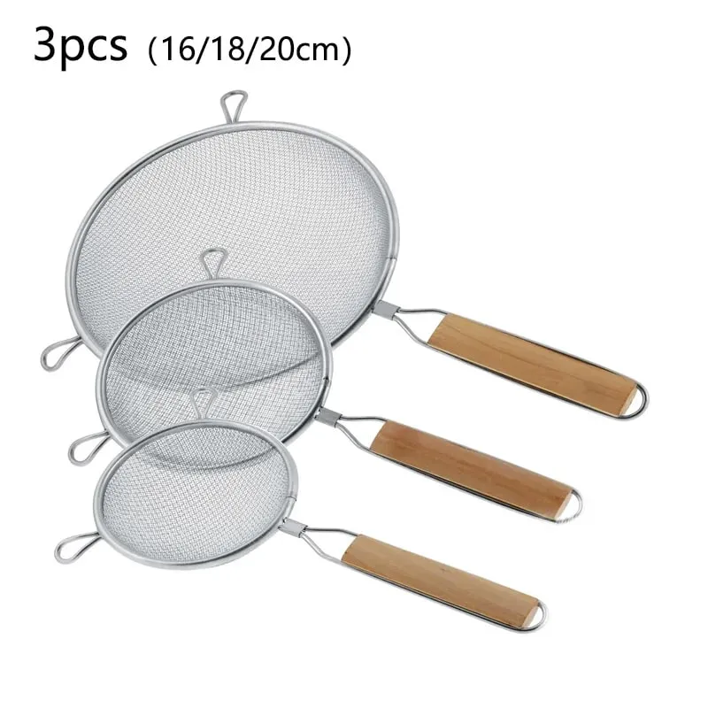 1-3pcs Wooden Handle Flour Sifter And Strainer Fine Mesh Stainless Steel for Home Baking Cooking Juice And Powder Filtering