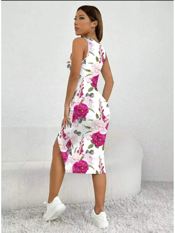 Women's Floral Print Sleeveless Dress Casual Elegant Comfortable Mid-Length Skirt with Thick Shoulder Strap Square Neck Slit