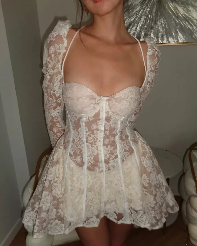 White Lace Lace-up Fishbone Mini Dress Women Chic Backless Full Sleeve See Through A-line Dresses 2026 Lady Evening Party Robe — image 6