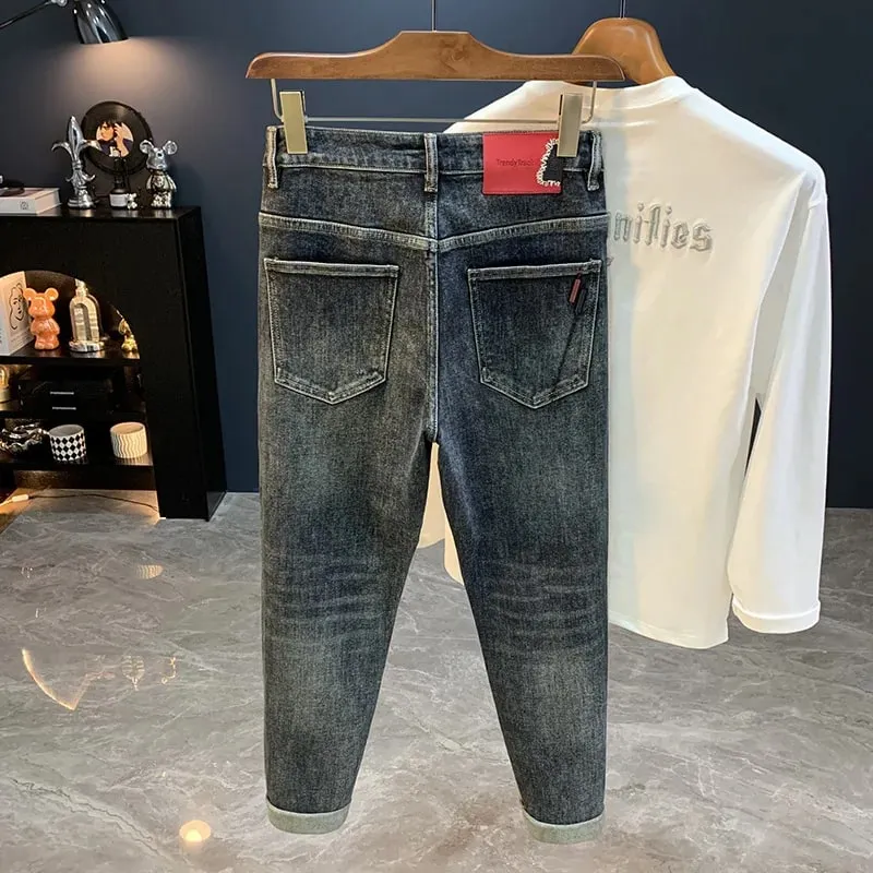 2025 novo micro haren cônico jeans para outono masculino na moda versátil casual elástico solto calças de pernas pequenas