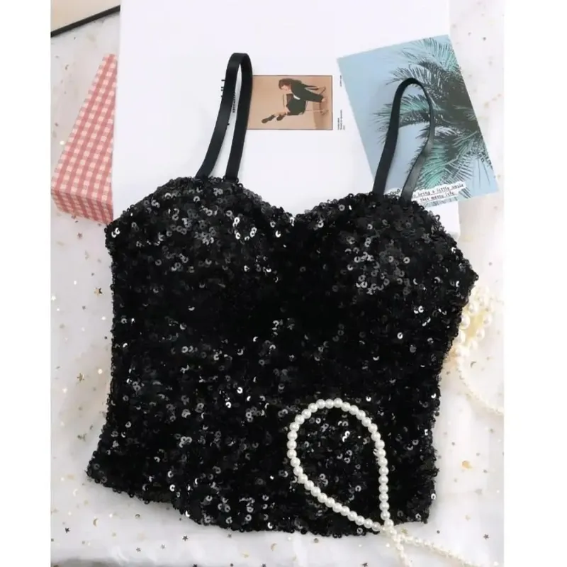 Shiny Sequin Sequin One-Piece Tank Top Fixed Wrap Chest High Elasticity Backless Vest Underwear Short Base Layer Vest Top Summer