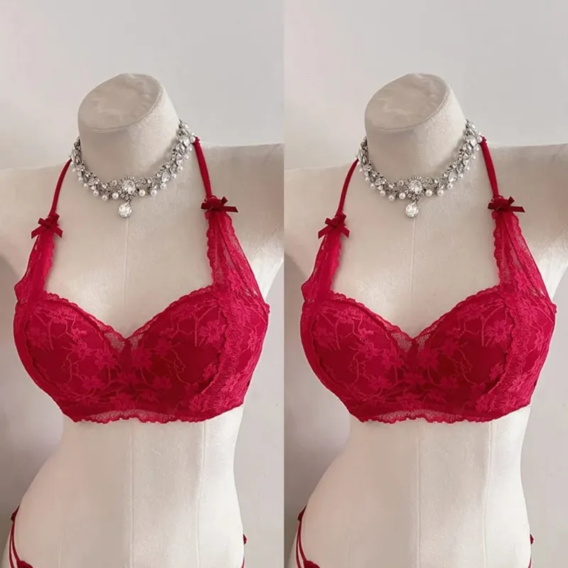 Sweet Halter Neck Bow Lace Wireless Bra Padded Push‑up Brassiere Ladies Layering Intimate Lingerie for Small Bust Size 32‑38 ABC