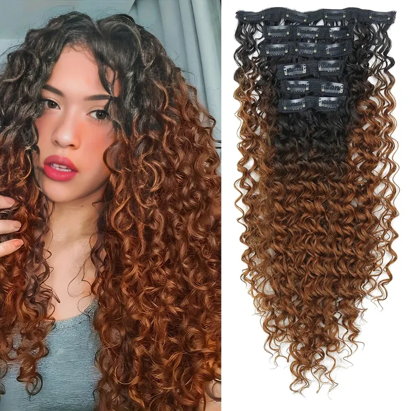 Synthetic 20inch Kinky Curly Clip In Hair Extensions Double Weft Full Head Japanese Heat Resistance Fiber Synthetic Curly Hair — image 7