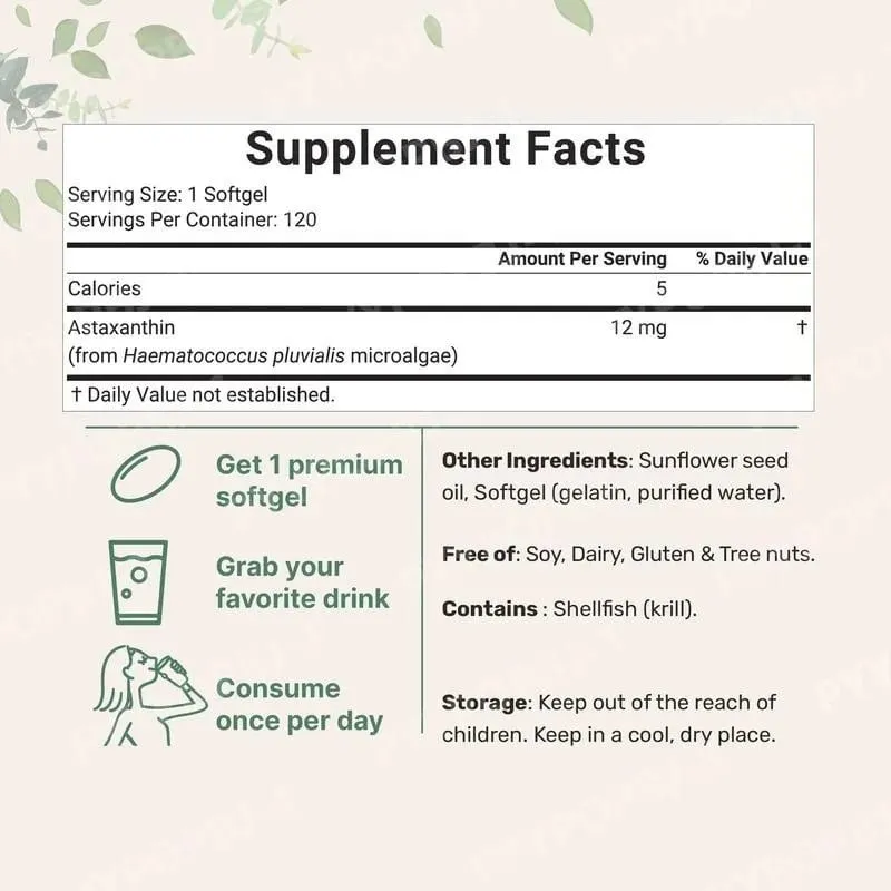 Astaxanthin 12mg with Fresh Microalgae Source Daily Nutritional Support Antioxidant Supplement 120 Softgels