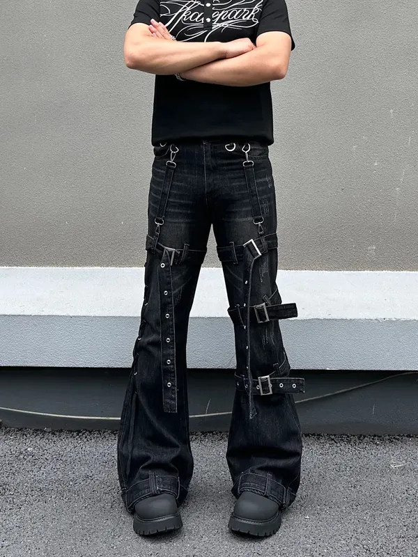 Gothic Punk Multi Buckle Strap Slim Fit Black Jeans Man Woman Ripped Vintage Techwear Bootcut Jeans — image 7
