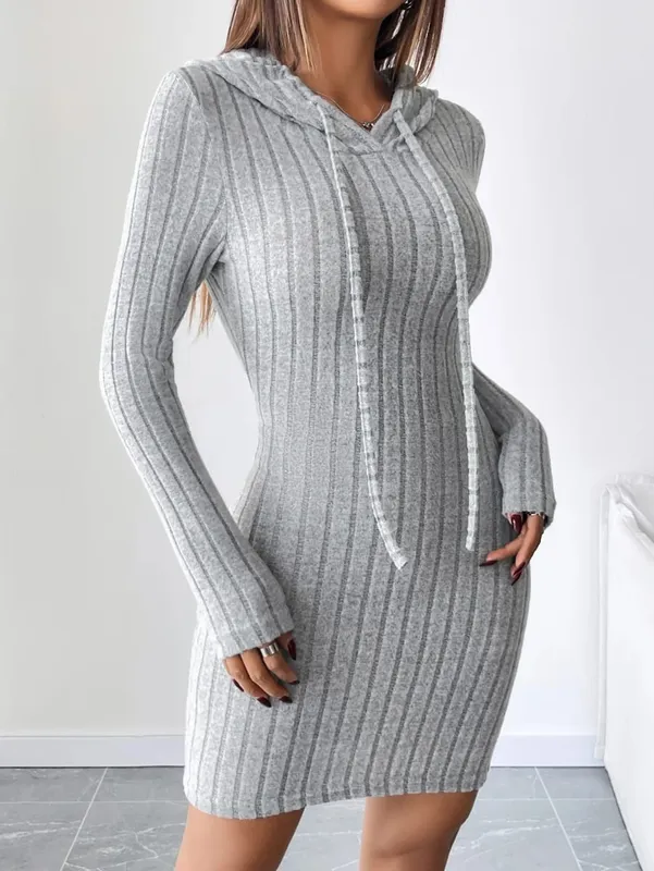Trendy Ribbed Knitted Hooded Slim Fit Dress with Drawstring - Comfortable Casual Style for Women — image 3