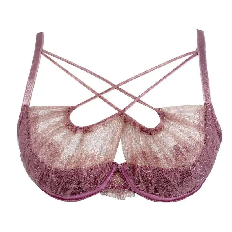 Pháp Ren Thêu Dây Đeo Chéo Bộ Đồ Lót Ren Lưới Push Up Bra Quần Rỗng Gợi Cảm Nữ Thân Mật Quần Lót Phù Hợp Với S-XL Đảng khi Mặc — image 5