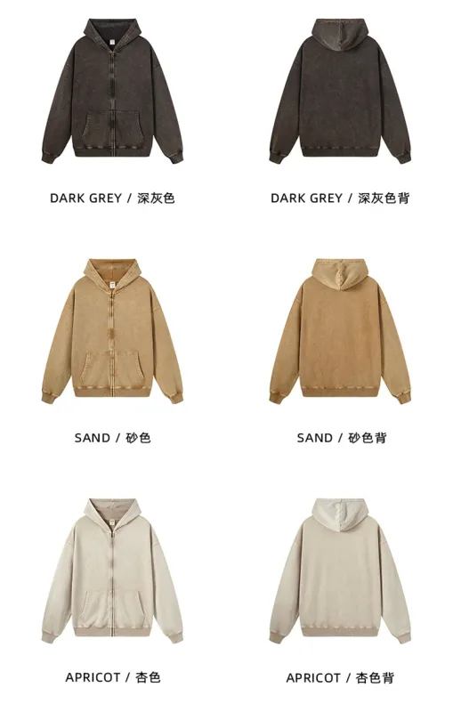 Retro Autumn Batik Washed Zipper Hoodie For Men Unisex Oversized Distressed 420gsm Terry 100% Cotton Hooded Coats HY0936