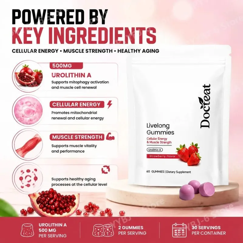 Docteat Urolithin A Gummies Muscle Vitality Support Cellular Energy Mitochondrial Health Daily Wellness Supplement 60 Gummies