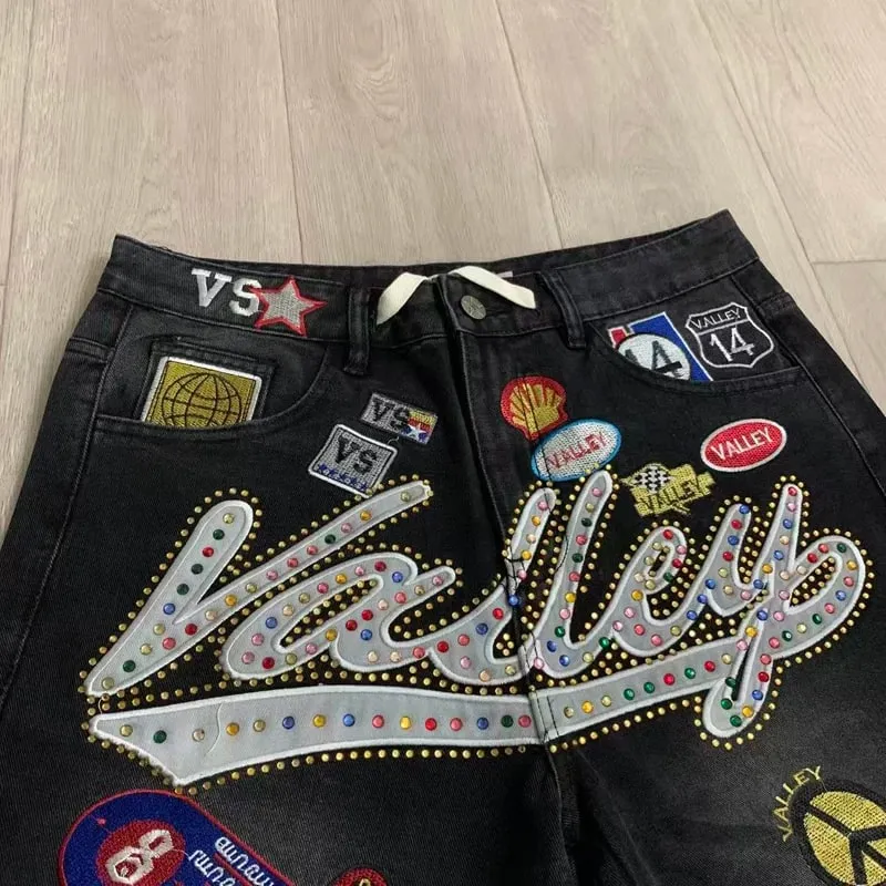 New Y2K Colorful Rhinestone VALLEY Embroidery Patch Label Denim Shorts Jorts Men Women High Quality Loose Straight Short Jeans