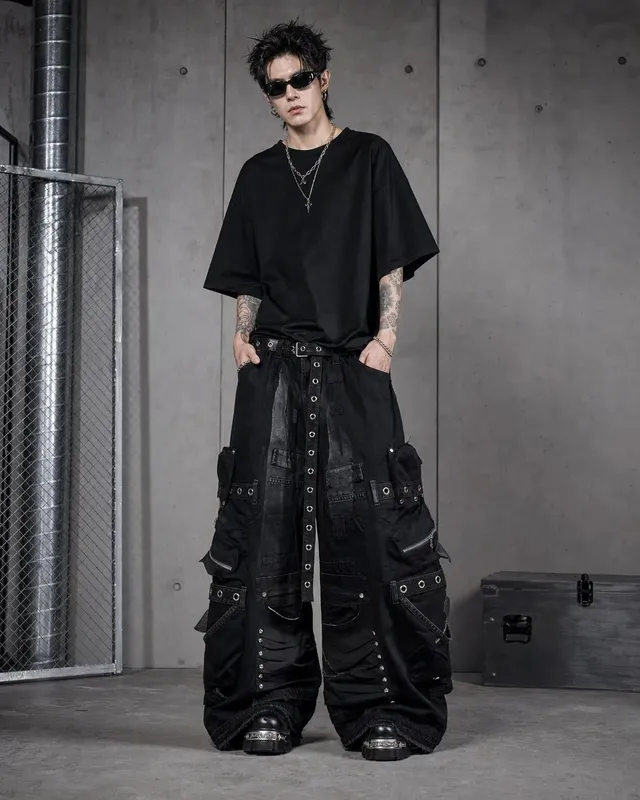 Black Baggy Cargo Jeans Men Women Heavy Multi Pocket Zipper Detail Streetwear Casual Fashion Pants Wide Leg Loose Fit Soft Y2K