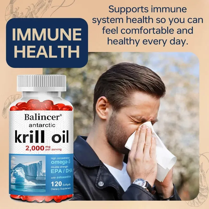Antarctic Krill Oil 2000mg Supplement 3X Strength Natural Source of Omega-3s EPA 240mg + DHA 160mg + Astaxanthin 800mcg
