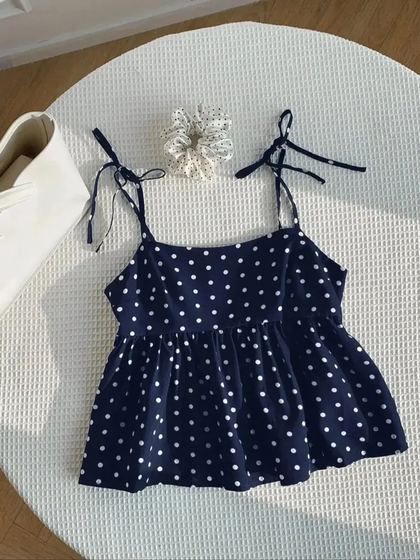 Women's Polka Dot Crop Cami With Spaghetti Straps And Flared Hem Polka Dot Camisole Babydoll Top Babydoll Tops Polkadot Top Cute