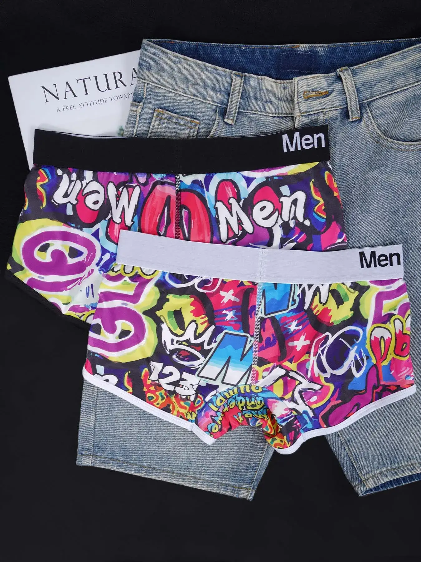 1 adet erkek pamuk naylon karışımı Boxer külot her yerinde Graffiti baskı geniş elastik kemer sıkı olmayan moda spor iç çamaşırı — image 5