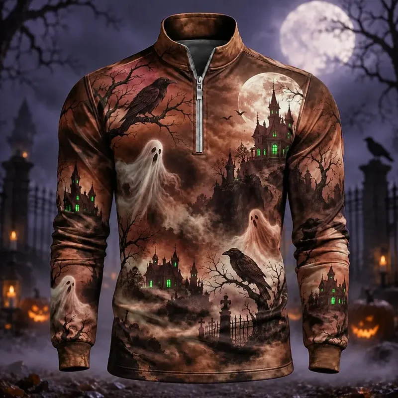 Men 1/4 Zip Sweatshirt Ghost Crow Haunted Castle Halloween Print Long Sleeve Tops — image 5
