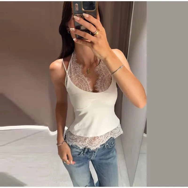 Lace Patchwork V-Neck Spaghetti Strap Sheer Mesh Bodysuit Fitted 2026 Summer Women Mesh Top Delicate Elegant Lady Bodysuit