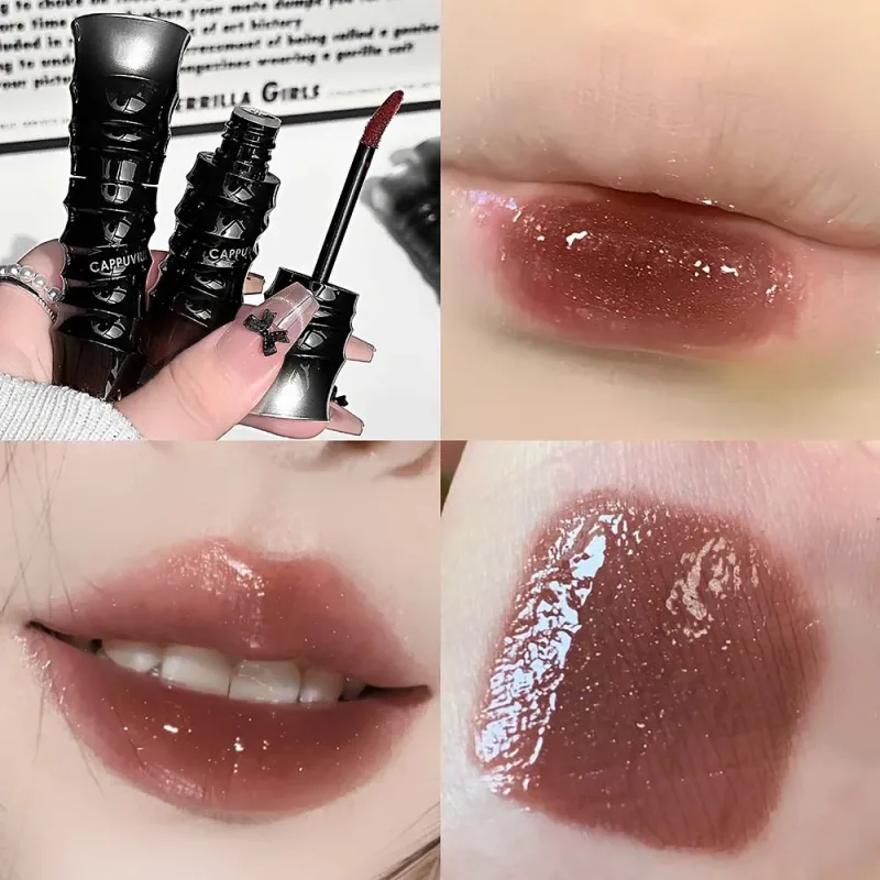 Crystal Punk Red-Brown Glossy Lip Stain Mirror Lip Glaze Sheer Nude Glitter Lip Tint Watery Shine Plumping Makeup Cosmetics