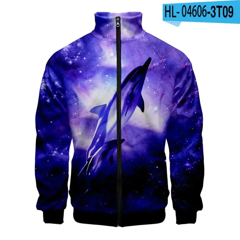 Harajuku Popular Novelty dolphin 3D Print Zipper Raglan Jacket Windbreaker Boys/Girls Comfortable Stand Collar Jackets Coats