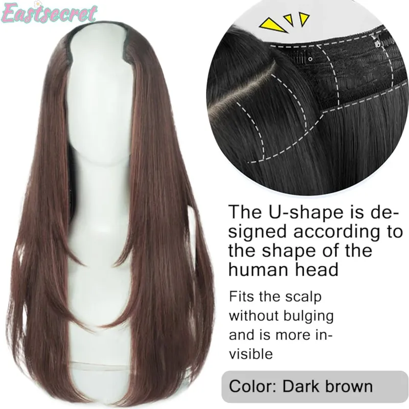 Synthetic Long Straight U-Shaped Arrangement Half Head Wig for Women Black Brown Clips in Hair Extension Natural Fake Hairpieces — image 9