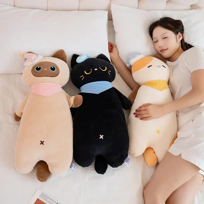 58cm Cute Sweet Dream Good Night Cat Throw Pillow Three Flowers Siam Coal Briquette Cat Doll Soft Stuffed Friend Gift — image 2