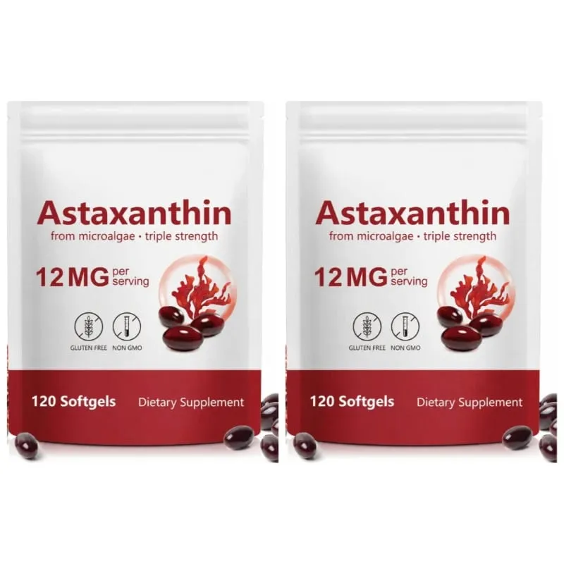 Cápsulas gelatinosas de astaxantina de microalgas promovem a produção de colágeno, sem soja, sem glúten, não OGM, força tripla 120 cápsulas gelatinosas