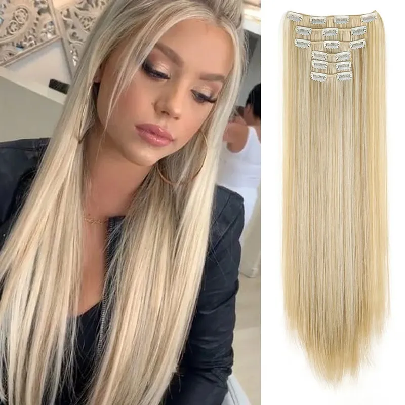 Black Hair Extensions 24"/60cm 6pcs/set Women Long Straight Synthetic Full Head Clip 16 Clips Ombre Heat Resistant Fiber Hair