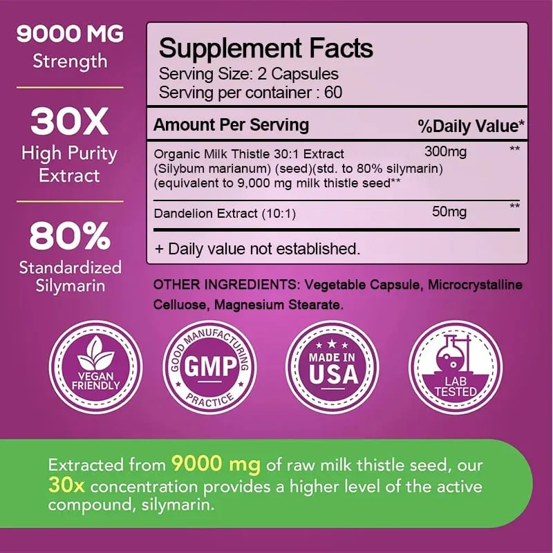 Økologisk mælketistel 9000mg - 30X koncentreret ekstrakt med 80% silymarin til leverrens afgiftning og støtte til fedtlever