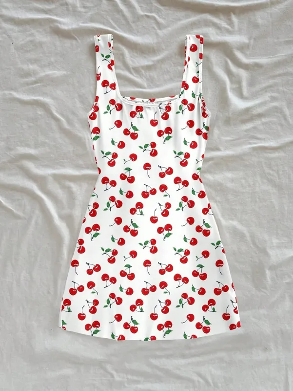 Women's Sexy Vacation Style U-Neck Cherry Print Open Back Side Slit Mini Dress for Spring/Summer — image 2