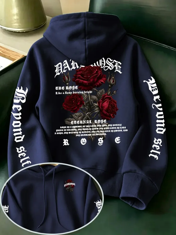 Men's Gothic Rose Hoodie Dark Red Rose Letter Graphic Back Sleeve Print Vintage Oversized Pullover Sweatshirt Streetwear Autumn — image 1