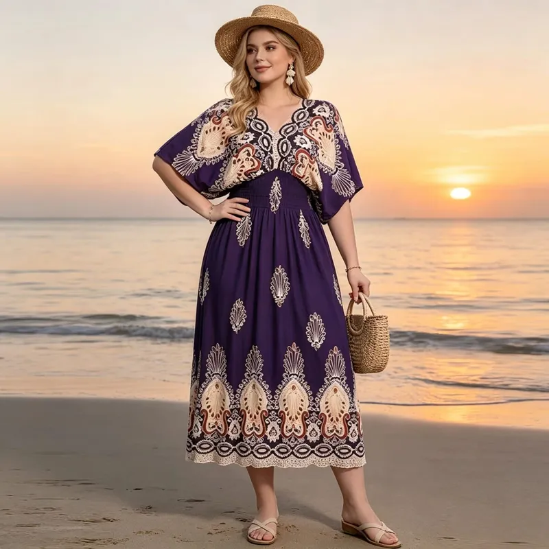 Boho Holiday Women V-Neck Batswing Short Sleeve A-Line Midi Dresses Slim Elastic Waist Casual Vintage Office Lady Elegance Dress — image 25