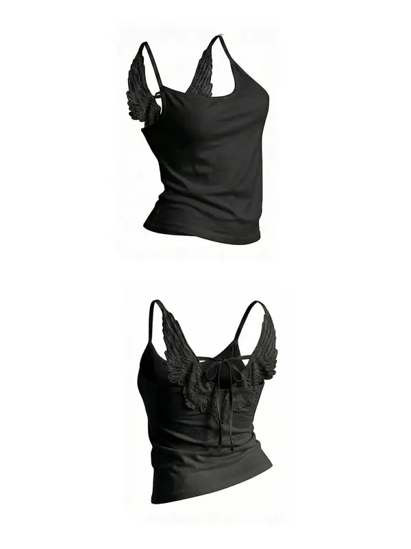 Angel Wings Vest 3D Embossed Wings Embroidery Spaghetti Strap Vest Y2K Women Gothic Fashion Summer Sexy Slim Backless Short Top