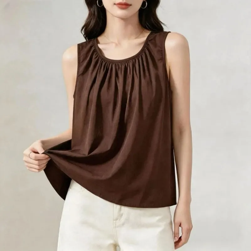 Street Casual Pleated Solid Simplicity All-match Tops Summer New Sleeveless Loose Elegant T Shirts Fashion Trend Women Clothing — image 1