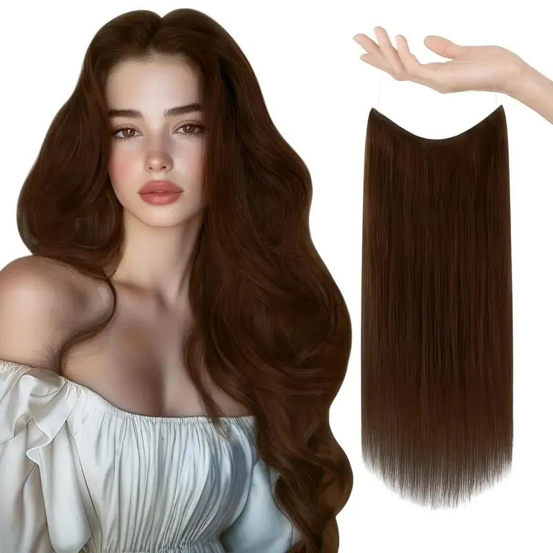 Invisible Halo Hair Extensions Real Human Hair Fish Wire Adjustable Band Secret Clip-in Extension for Women Chocolate Brown — image 10