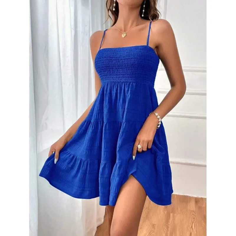 Women's Fashion Spaghetti Strap Smocked Bustier Mini Dress Blue Ruffled Tiered Swing Dress Summer Casual Vacation Beach Wear — image 11