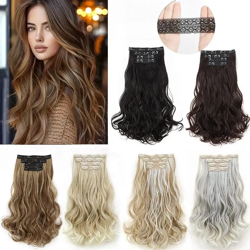 Synthetic 16Inch 11Clips Long Curly Hair Extension Heat Resistant Hair Extension Clips In Ombre Black Brown Blond Women — image 1