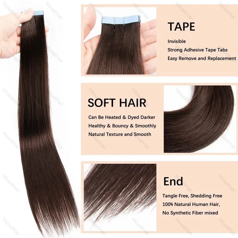 Brown Russian Tape in Hair Extension Real Human Hair Cuticle Aligned Premium Remy Adhesive Europen Tape Ins 14-22inch 20-60pcs