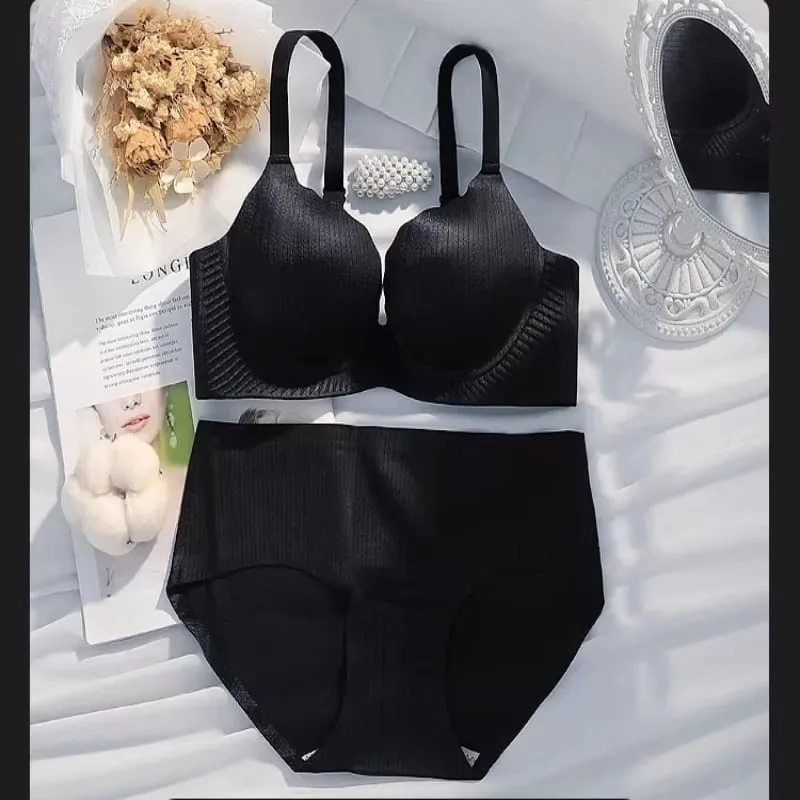 Thick Padded Wirefree Bra & Panty Set for Women Seamless Solid Comfort Gathering Lingerie Push Up Style Great for Smaller Bust