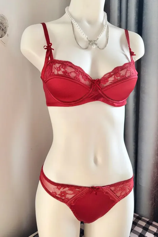 Popular Red Lace Minimizer Bra Set Ladies Half Cup Ultra Thin Big Bust Soft Support Bridal Party Honeymoon Night Out 32-38 Suit