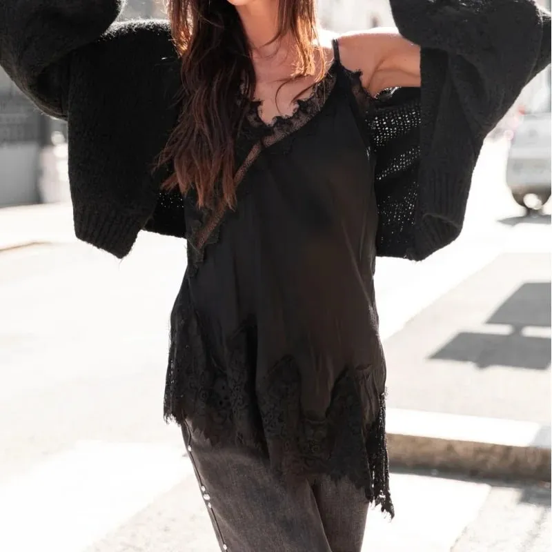 y2k Coquette Satin Lace Cami Tops Silky Lace Trim Patchwork Spaghetti Strap Low Cut Asymmetrical Camisole Women Sexy Slip Tanks