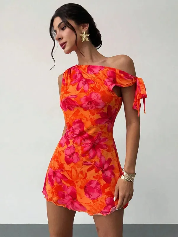Women'S Spring Summer Floral Print Vacation Casual Off-Shoulder Slouchy Strappy Sleeveless Short Skirt Dress — image 4
