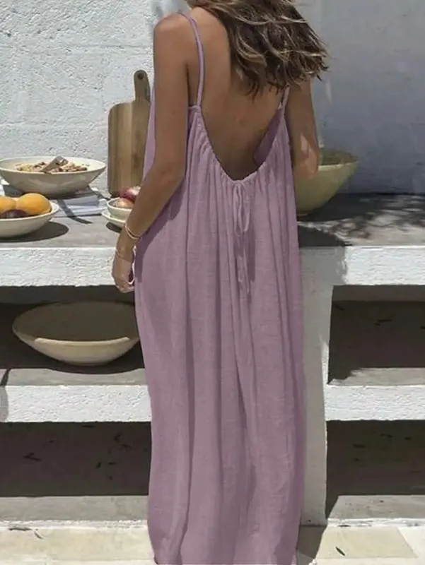 2026 New European & American Cross‑border Women’s Wear Solid Color Loose Casual Versatile Slip Backless Maxi Dress