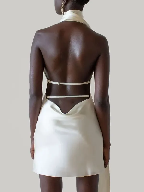 Pakaian Formal VGH Patchwork Untuk Wanita Kolar Halter Off Bahu Tanpa Lengan Pinggang Tinggi Tanpa Belakang Pakaian Mini Satin Gaya Wanita — image 5