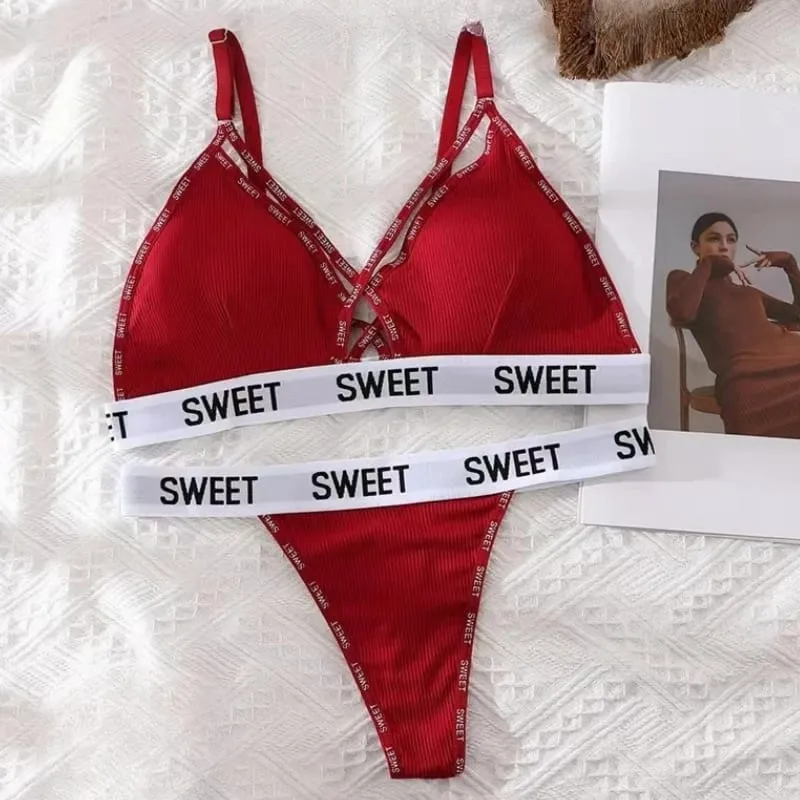 Women Padded Bra And Panties Set Front Cross Wireless Bra Low Rise G-string Female Letter Strap Underwear Sexy Lingerie Set — image 9